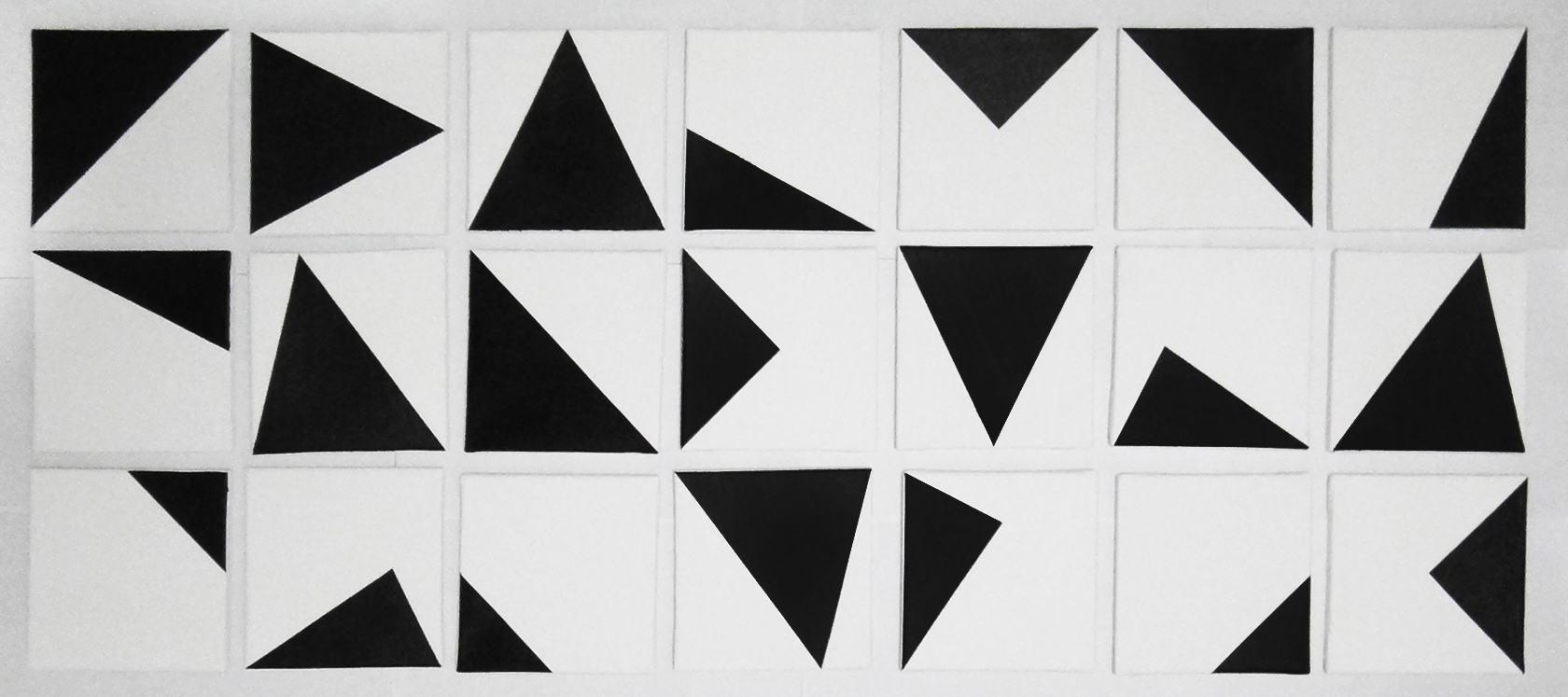 21 BLACK TRIANGLES ON WHITE BACKGROUND 2012-13 Oil and Gesso on Canvas 20 x 20cm each (Private Collection)
